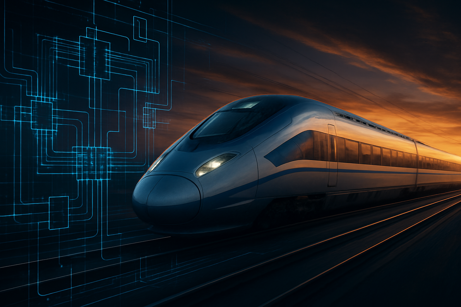 High-speed train with wiring schematic overlay